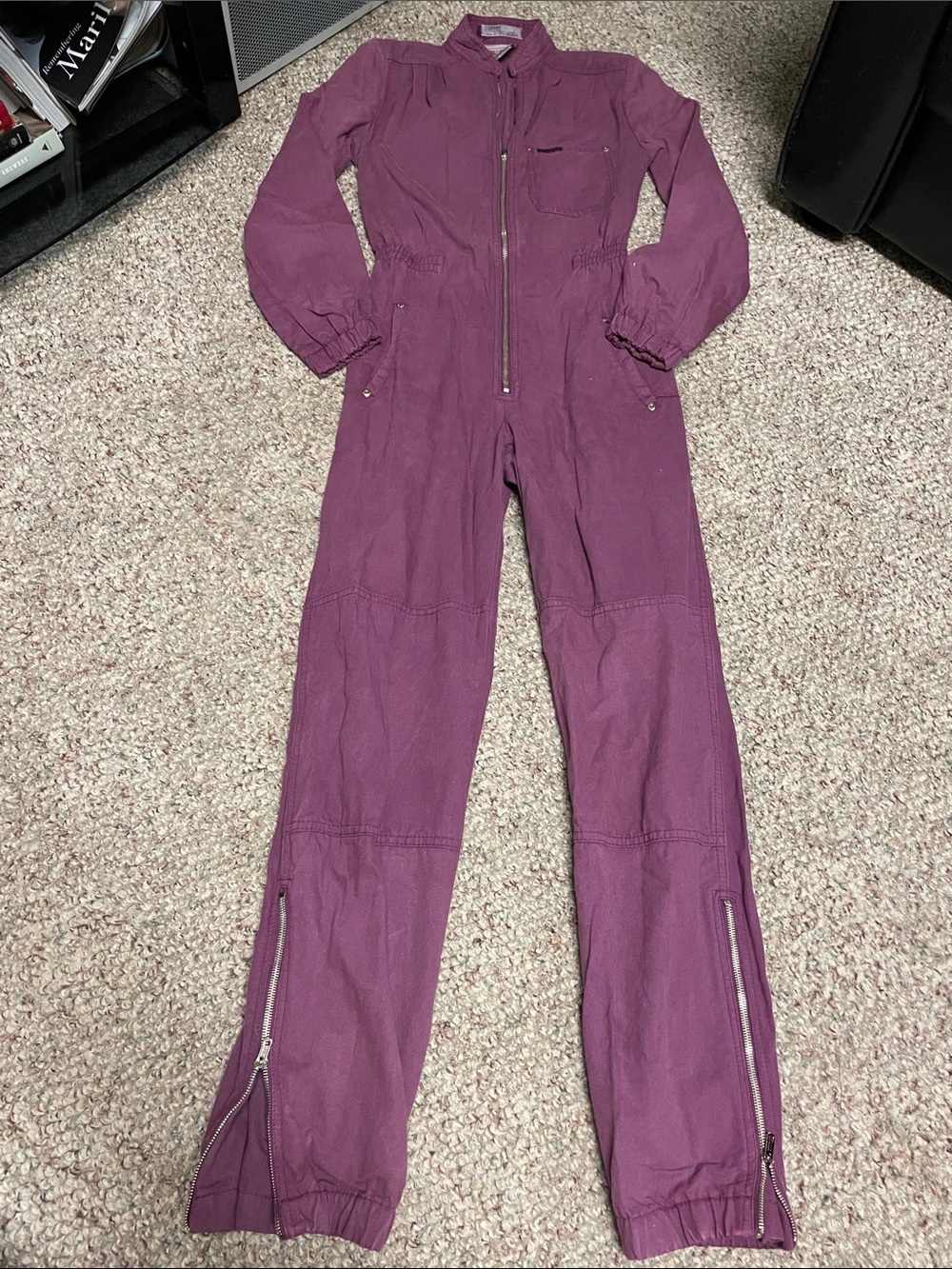 Vintage 80s esprit Womens Purple Long-Sleeve Zip Jumpsuit with zip ankle